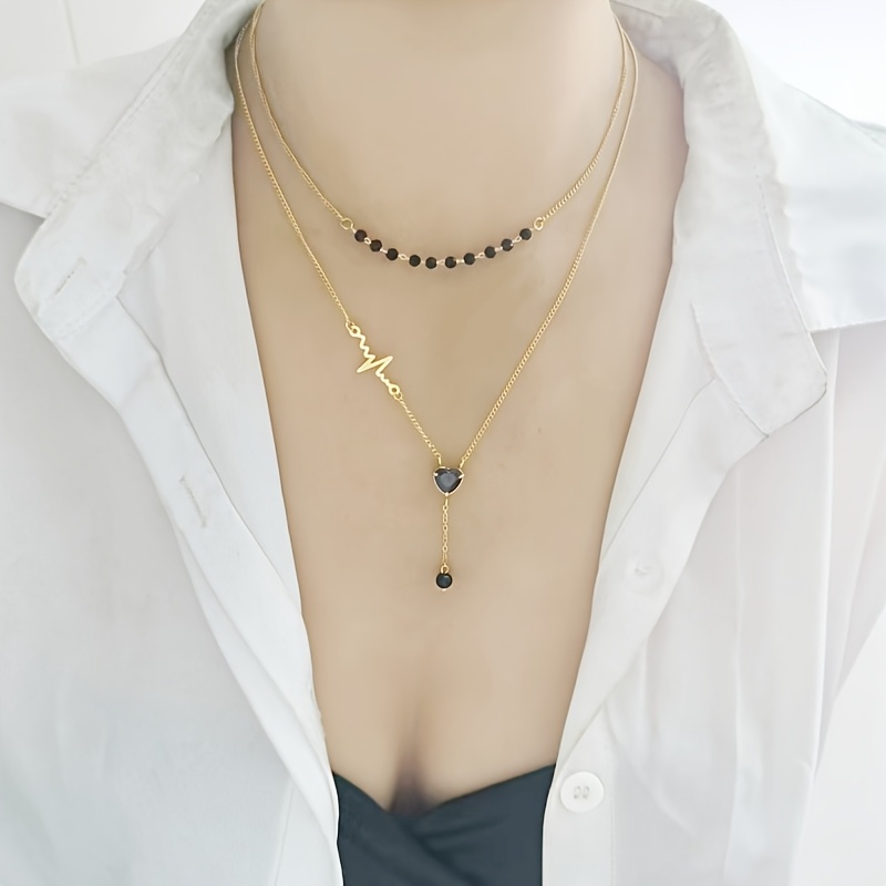 Heart-Shaped Black Bead Gold-Plated Necklace, Women's Daily Accessory